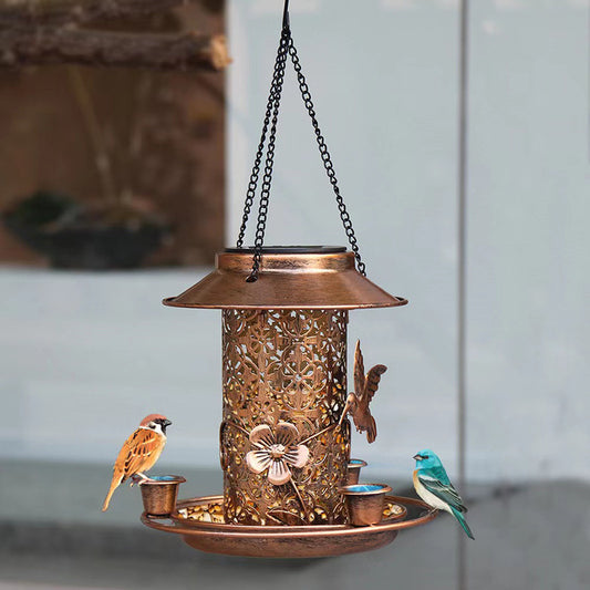 Outdoor solar powered lamp metal hanging bird feeder and watering