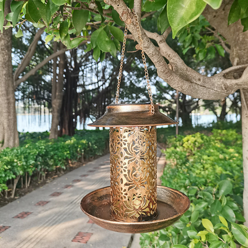 Outdoor solar powered lamp metal hanging bird feeder and watering