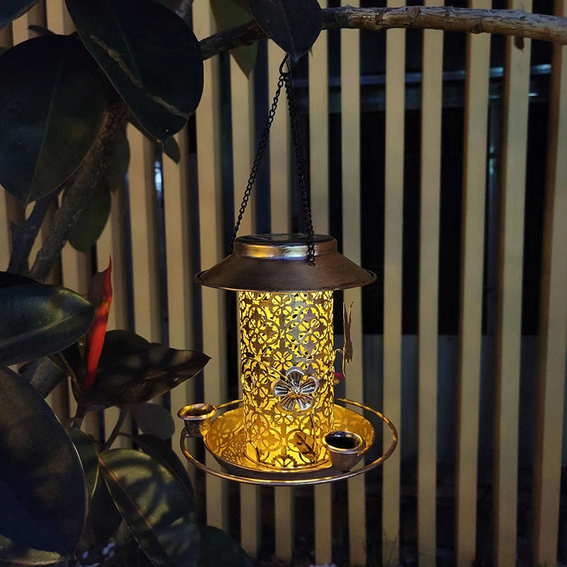 Outdoor solar powered lamp metal hanging bird feeder and watering