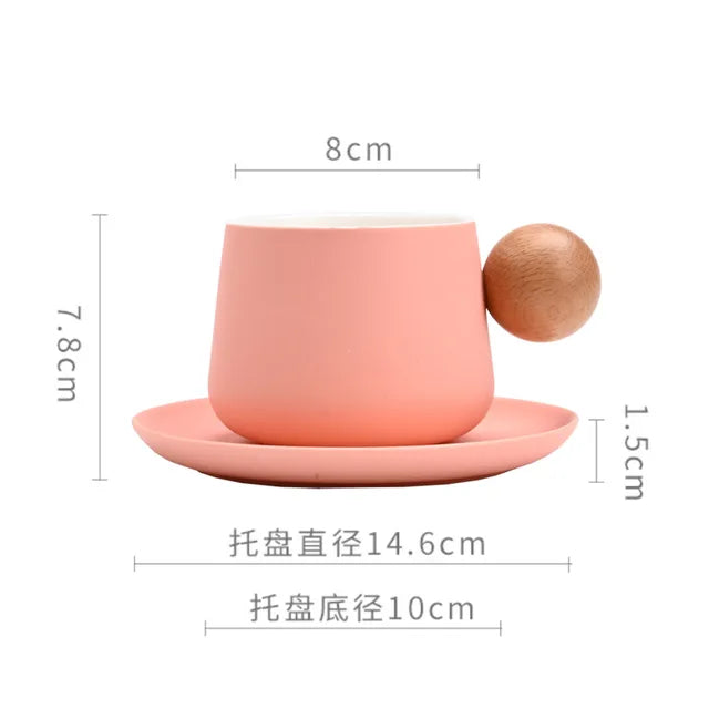 Ceramic Coffee Cup and Saucer Set Espresso Cups Light Luxury Wooden Handle Afternoon Tea Mug Female Original Mugs Couple Gifts
