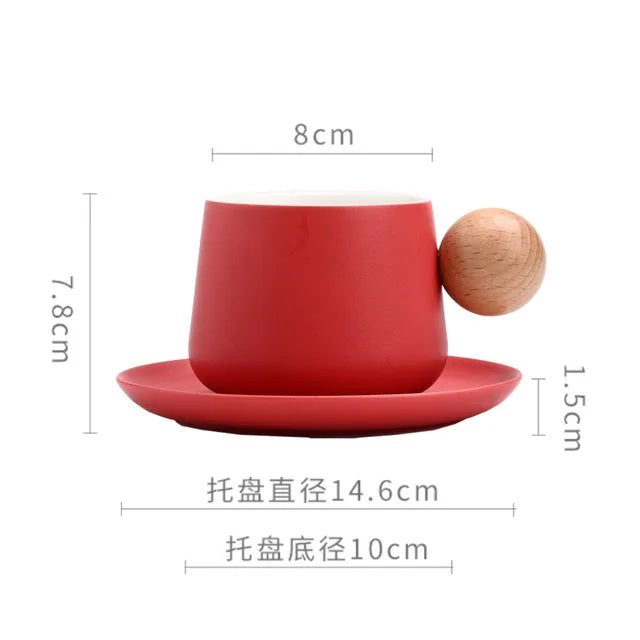 Ceramic Coffee Cup and Saucer Set Espresso Cups Light Luxury Wooden Handle Afternoon Tea Mug Female Original Mugs Couple Gifts