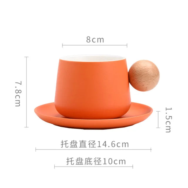 Ceramic Coffee Cup and Saucer Set Espresso Cups Light Luxury Wooden Handle Afternoon Tea Mug Female Original Mugs Couple Gifts