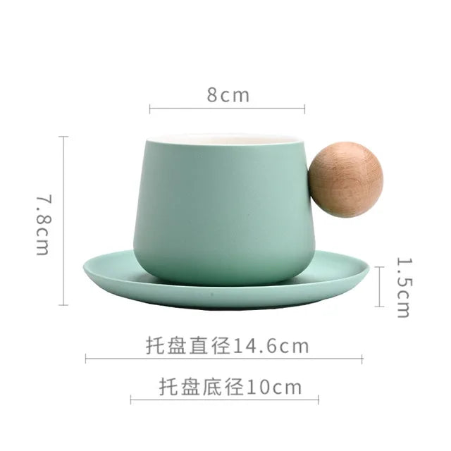Ceramic Coffee Cup and Saucer Set Espresso Cups Light Luxury Wooden Handle Afternoon Tea Mug Female Original Mugs Couple Gifts