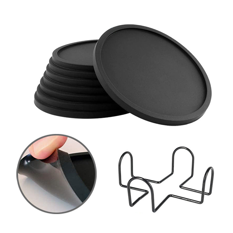 6/8PCS Non-slip Silicone Coaster Circular 10CM Thick Thermal Insulation Coaster Storage Rack Cross-border Hotel Household Tea Coaster Set
